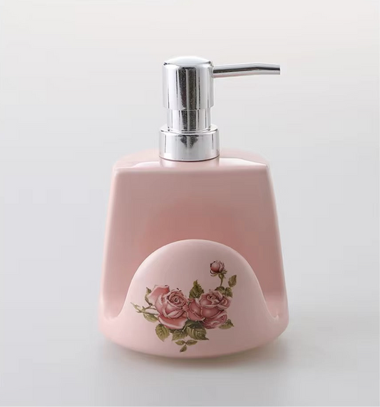 Baby Pink Soap Dispenser With Holder For Flannels Or Dish Scourer Ceramic Floral Decor