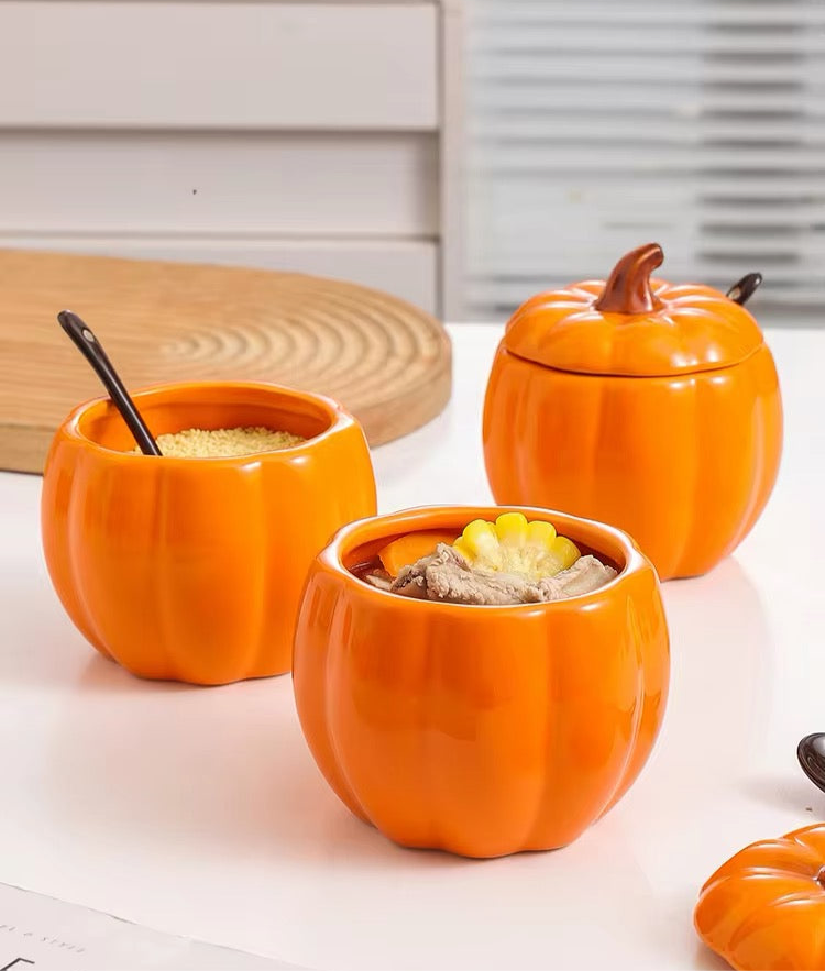 Autumn/Fall Vintage Pumpkin 3D Ceramic Handmade Sugar Bowl Jar & Spoon Set