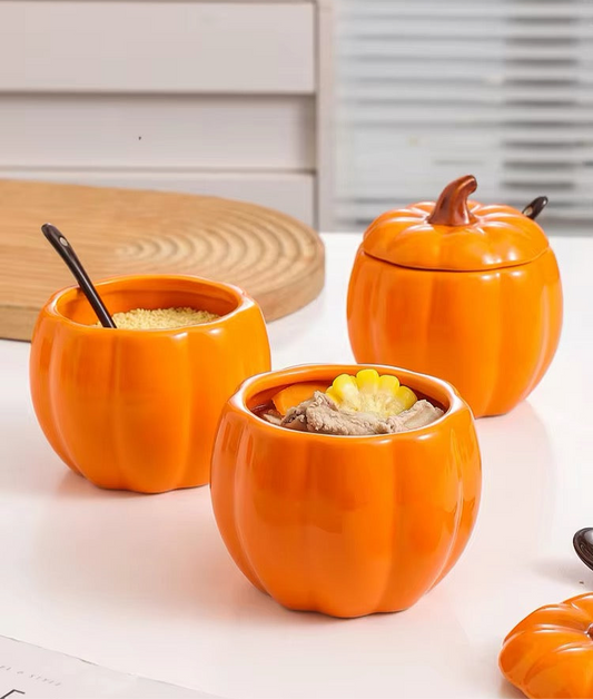 Autumn/Fall Vintage Pumpkin 3D Ceramic Handmade Sugar Bowl Jar & Spoon Set