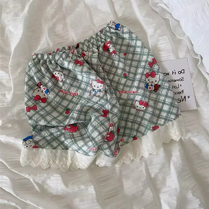 Sanrio Hello Kitty & Friends Womens Pyjamas Check Print Waffle Texture Loose Cotton Casual Stretch Shorts