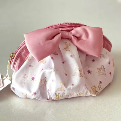 Maison De FLEUR Japanese Teddy Bear Satin Bow Makeup Bag