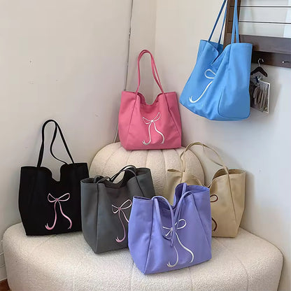 Embroidered Bow Ribbon Large Cotton Tote Shoulder Bag