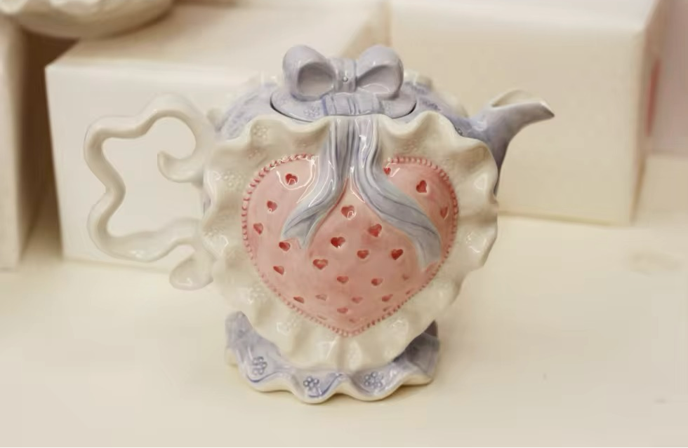 Ceramic Teapot Mug Set Pastel Pink Strawberry Bow Vintage Style Kitchen Decor