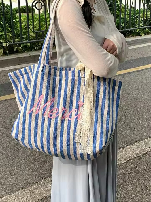 Merci Lace Ribbon Navy Blue Striped French Large Cotton Tote Crossbody Shoulder Bag