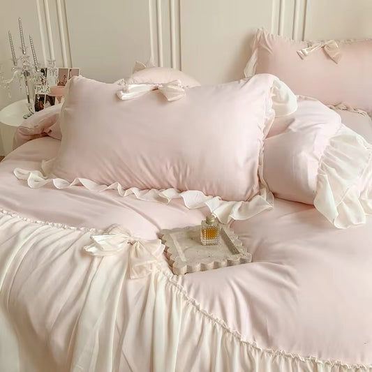 Bow Pale Pink Princess Ruffle Hem Chiffon French Aesthetic Soft Duvet Bedding Set