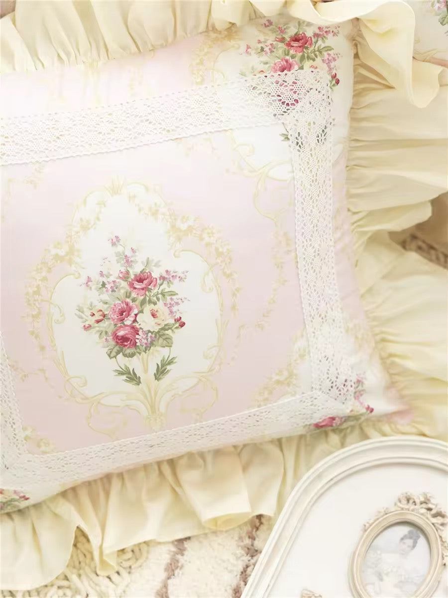 Pastel Yellow Floral Pink Victorian French Bouquet Lace Princess Ruffle Hem Luxury Pillow Cover