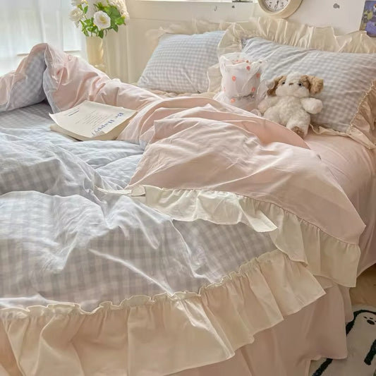 Picnic Gingham 3pcs Ruffle Hem Blue & Pink Aesthetic Soft Duvet Bedding Set