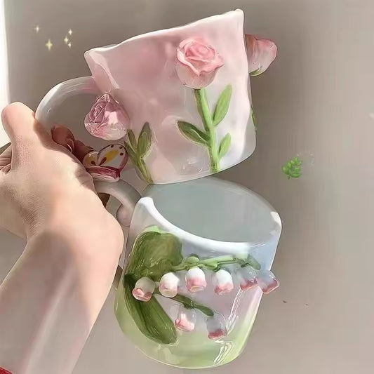 Magical Fairy 3D Roses Tulips Lily of The Valley Pink Ceramic Handmade Floral Mugs