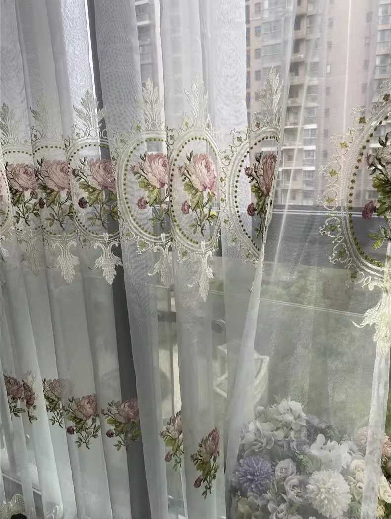 Embroidered Rose Lace Curtain Elegant Pink Floral Vintage Blinds Drapery