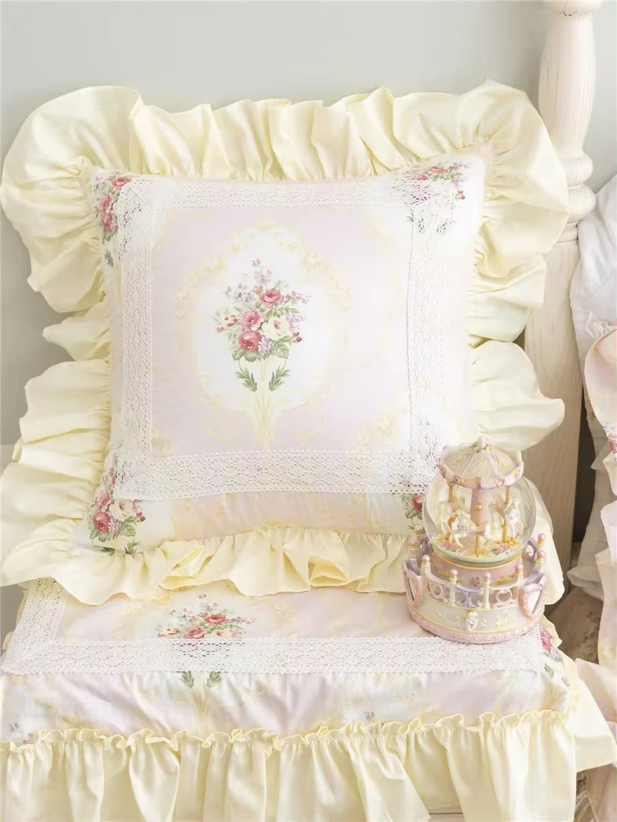 Pastel Yellow Floral Pink Victorian French Bouquet Lace Princess Ruffle Hem Luxury Pillow Cover