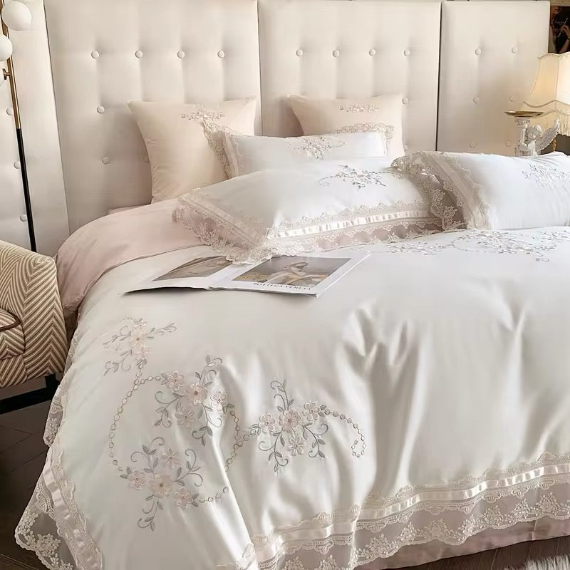 Floral Lace Pink Ribbon Satin Egyptian Cotton Vintage Embroidered Scalloped hem Duvet Bedding Set