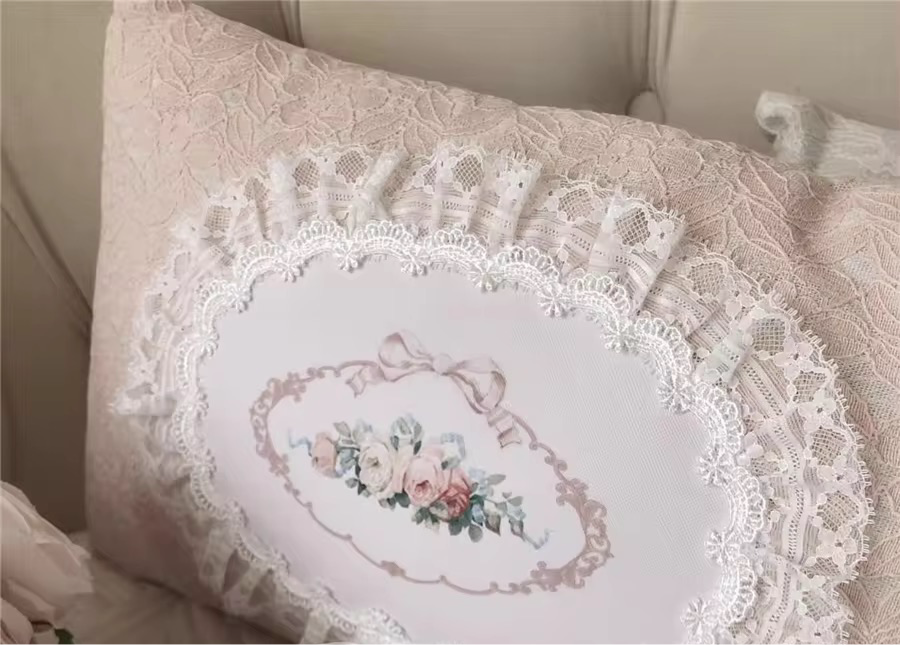Lace Floral Bow Victorian French Princess Ruffle Hem Luxury Pillow Cover