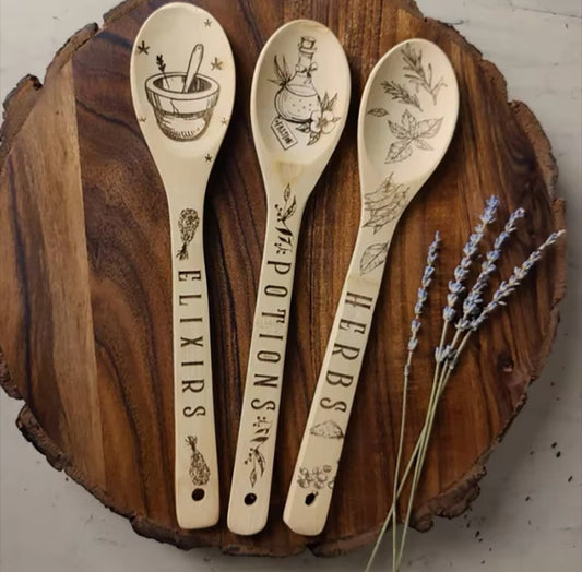 Autumn/Fall Witch Potions & Elixirs Etched Cooking Spoons Ladels 3 Pc Set