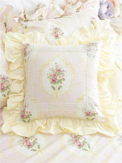 Pastel Yellow Floral Pink Victorian French Bouquet Lace Princess Ruffle Hem Luxury Pillow Cover
