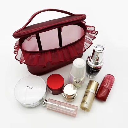 Petit Trouver Classic French Valentines Style Ruffle Mesh Lace Cosmetic Organiser Bag