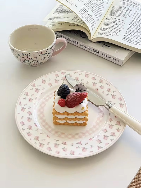 Pink Gingham Rose Floral Ceramic Plate Vintage Style Kitchen Decor